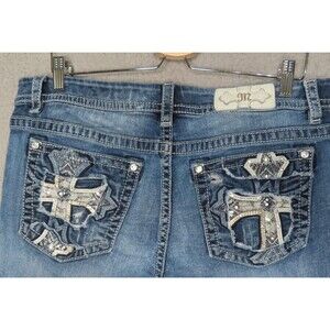 Miss Me Jeans 34 Blue Mid Rise Easy Crop Cross Bling Distressed Pockets